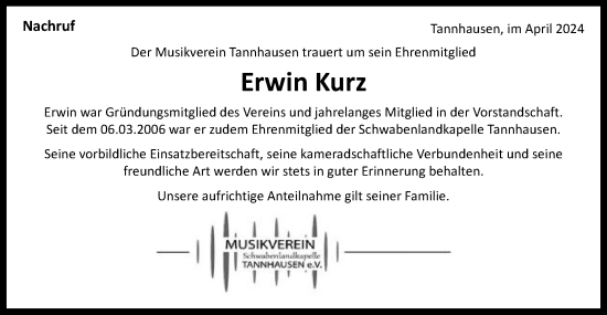 Traueranzeige von Erwin Kurz von Schwäbische Post