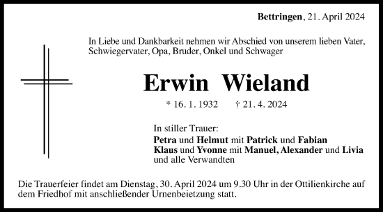 Traueranzeige von Erwin Wieland von Gmünder Tagespost