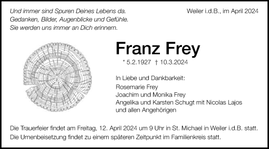 Traueranzeige von Franz Frey von Gmünder Tagespost