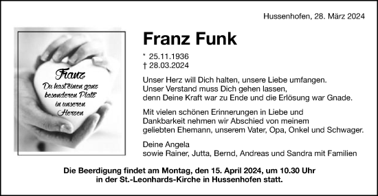 Traueranzeige von Franz Funk von Gmünder Tagespost