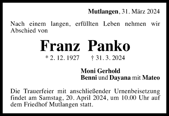 Traueranzeige von Franz Panko von Gmünder Tagespost