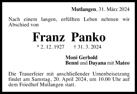 Traueranzeige von Franz Panko