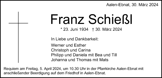 Traueranzeige von Franz Schießl