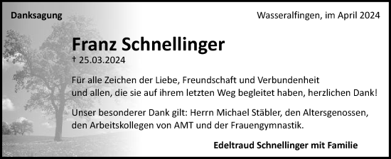 Traueranzeige von Franz Schnellinger von Schwäbische Post