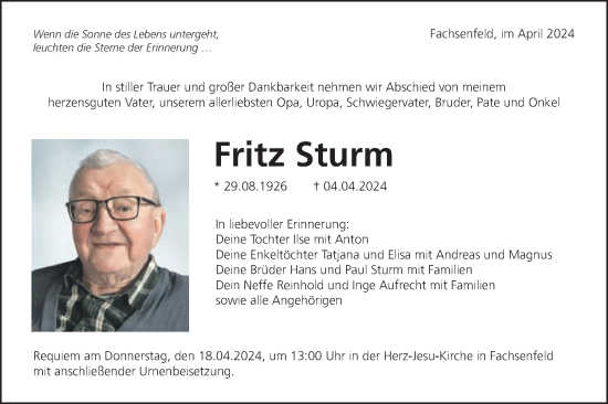 Traueranzeige von Fritz Sturm von Schwäbische Post