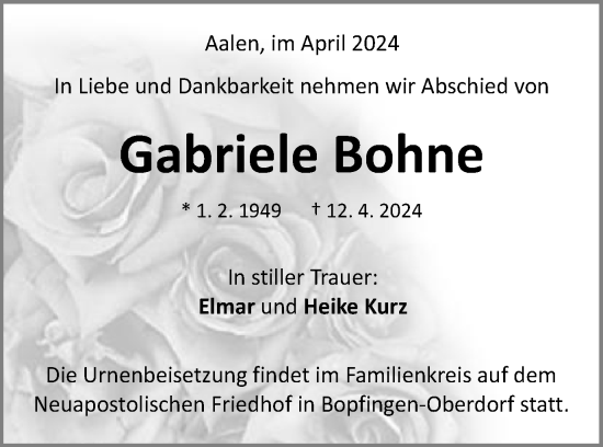 Traueranzeige von Gabriele Bohne von Schwäbische Post