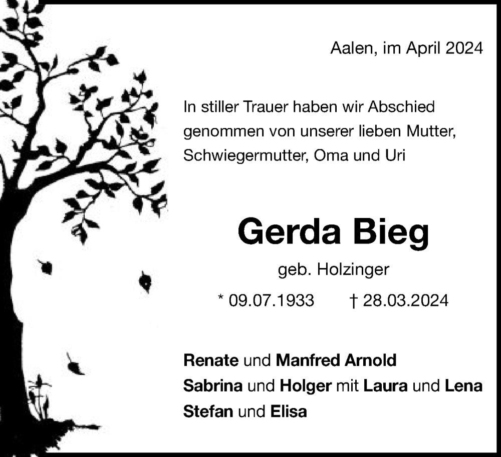 Traueranzeigen von Gerda Bieg | OstalbTrauer