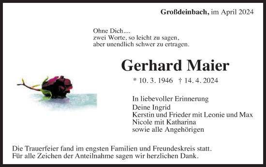 Traueranzeige von Gerhard Maier von Gmünder Tagespost