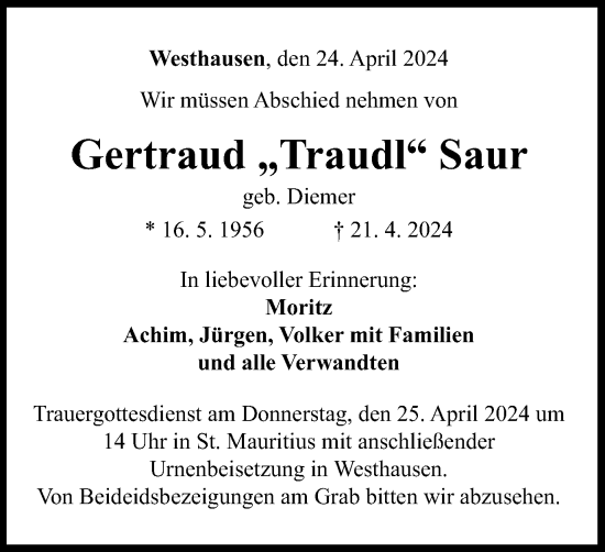 Traueranzeige von Gertraud Saur von Schwäbische Post