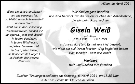 Traueranzeige von Gisela Weiß von Schwäbische Post