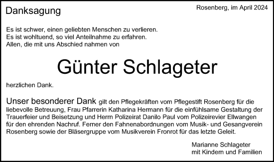 Traueranzeige von Günter Schlageter von Schwäbische Post