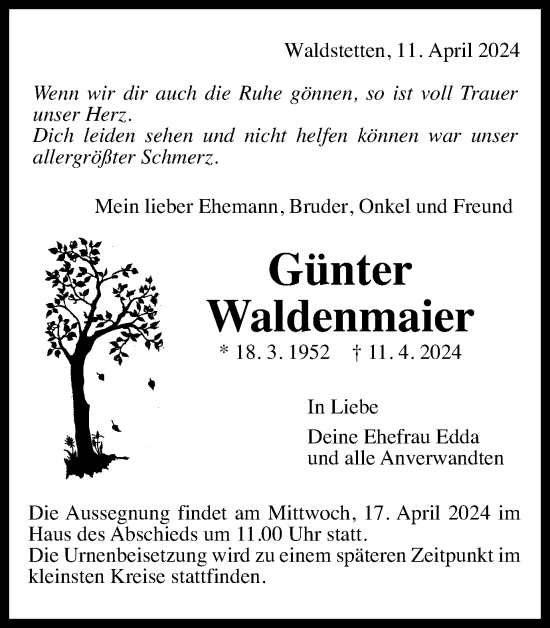 Traueranzeige von Günter Waldenmaier von Gmünder Tagespost