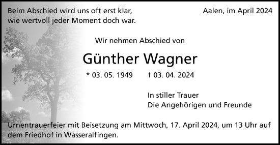 Traueranzeige von Günther Wagner von Schwäbische Post