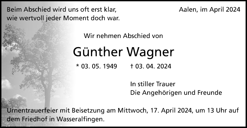  Traueranzeige für Günther Wagner vom 11.04.2024 aus Schwäbische Post