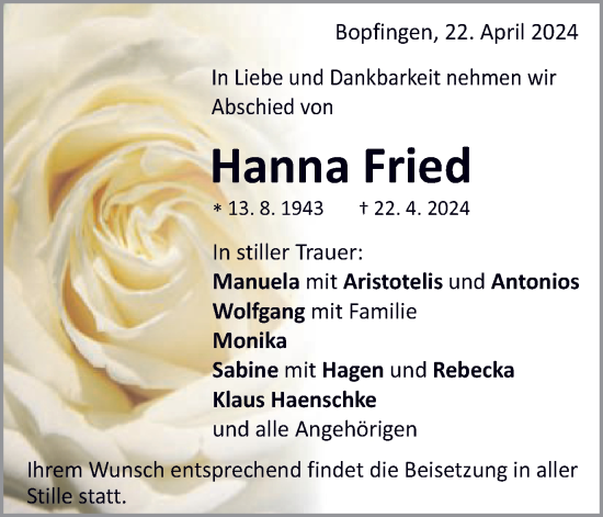 Traueranzeige von Hanna Fried von Schwäbische Post