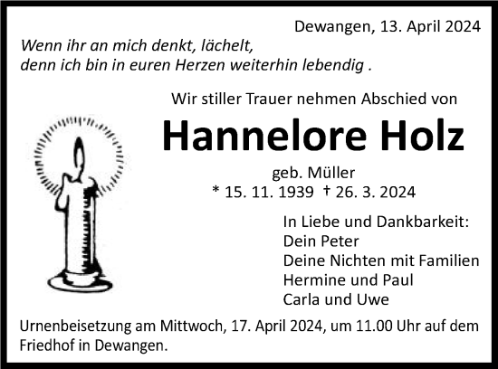 Traueranzeige von Hannelore Holz von Schwäbische Post