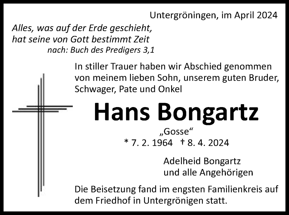  Traueranzeige für Hans Bongartz vom 25.04.2024 aus Gmünder Tagespost