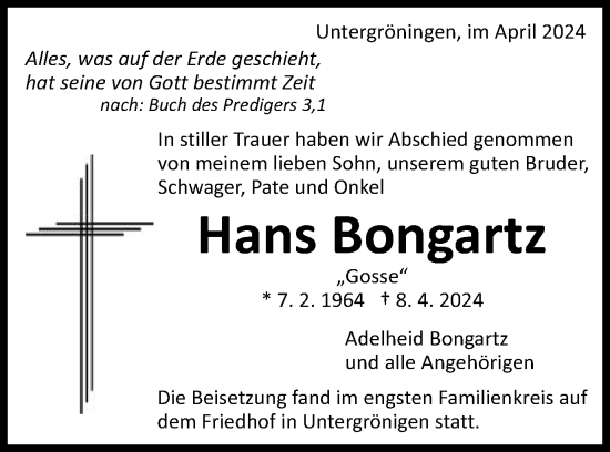 Traueranzeige von Hans Bongartz von Gmünder Tagespost