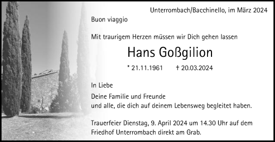 Traueranzeige von Hans Goßgilion von Schwäbische Post