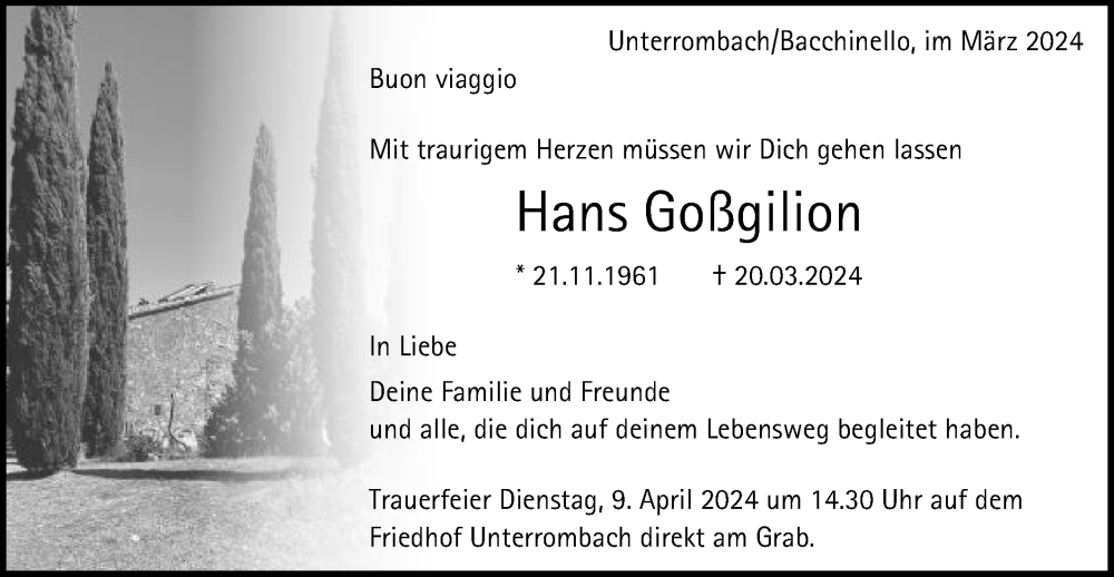 Traueranzeige für Hans Goßgilion vom 05.04.2024 aus Schwäbische Post