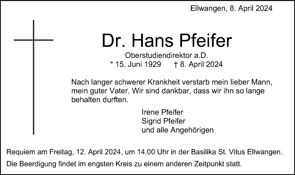  Traueranzeige für Hans Pfeifer vom 10.04.2024 aus Schwäbische Post