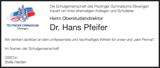 Traueranzeige von Hans Pfeifer von Schwäbische Post