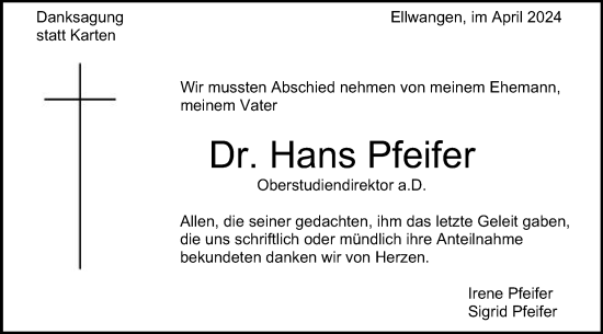 Traueranzeige von Hans Pfeifer von Schwäbische Post