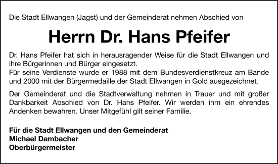 Traueranzeige von Hans Pfeifer von Schwäbische Post