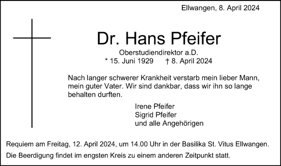 Traueranzeige von Hans Pfeifer