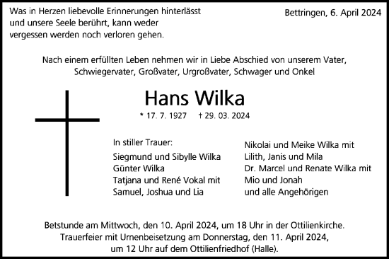 Traueranzeige von Hans Wilka von Gmünder Tagespost
