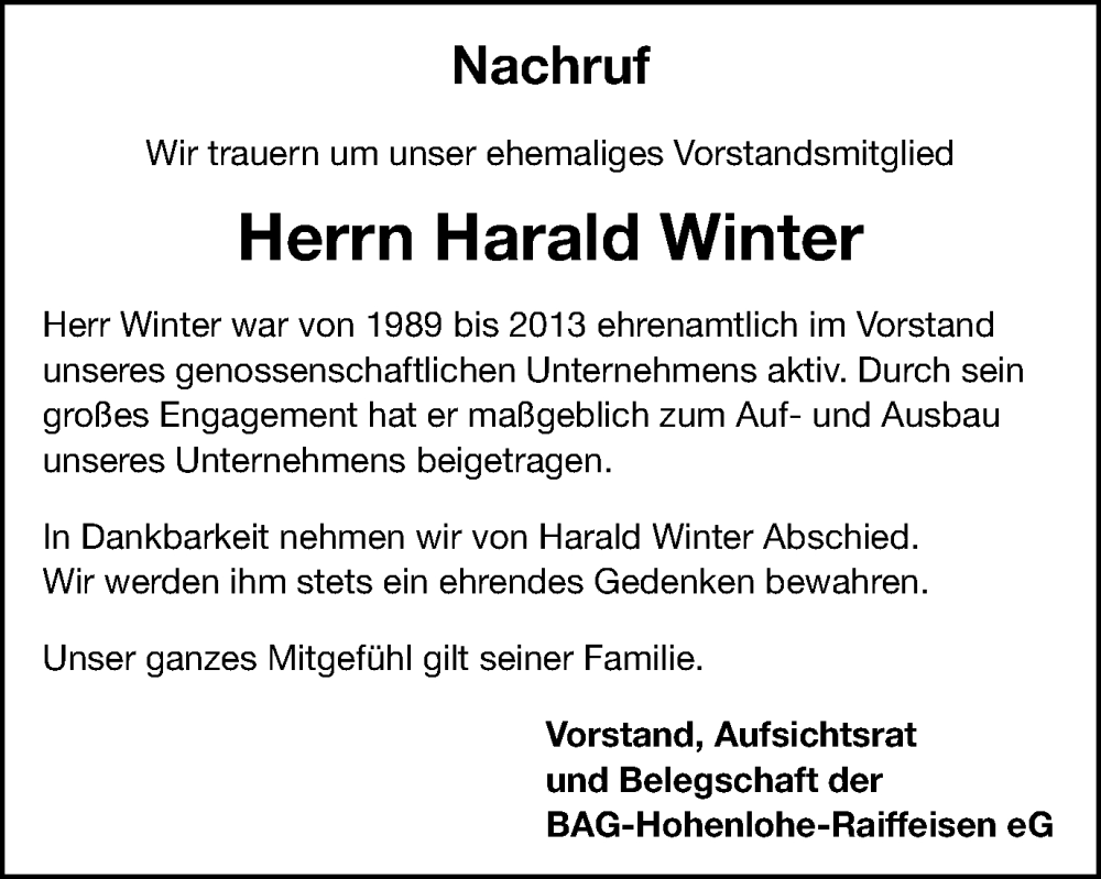  Traueranzeige für Harald Winter vom 17.04.2024 aus Schwäbische Post