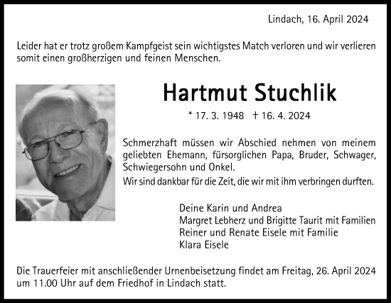 Traueranzeige von Hartmut Stuchlik von Gmünder Tagespost