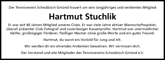 Traueranzeige von Hartmut Stuchlik von Gmünder Tagespost