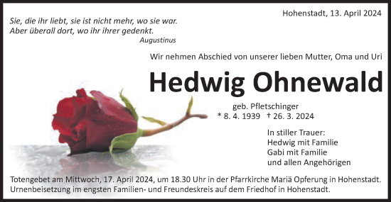 Traueranzeige von Hedwig Ohnewald von Schwäbische Post