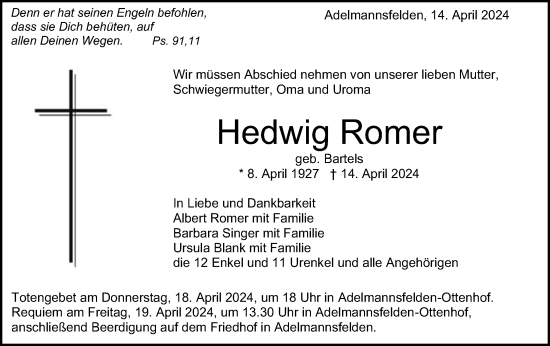 Traueranzeige von Hedwig Romer