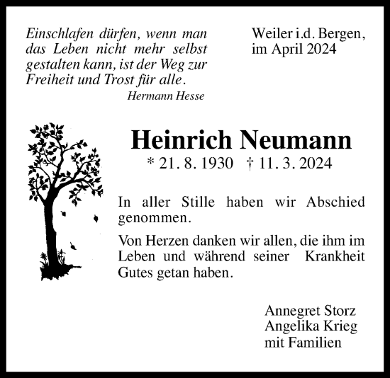 Traueranzeige von Heinrich Neumann von Gmünder Tagespost