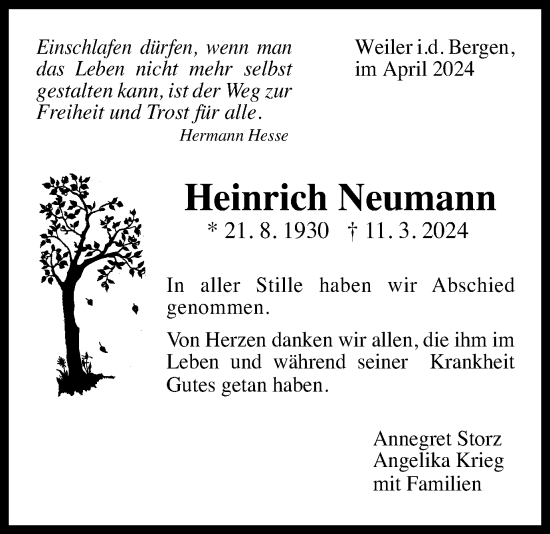 Traueranzeige von Heinrich Neumann