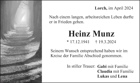 Traueranzeige von Heinz Munz von Gmünder Tagespost