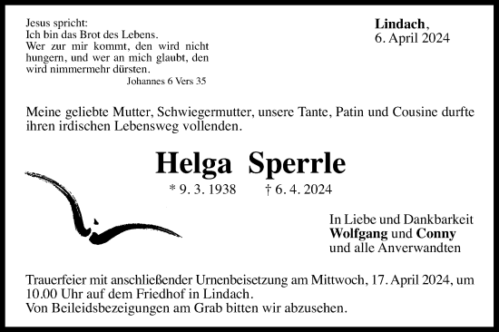 Traueranzeige von Helga Sperrle von Gmünder Tagespost