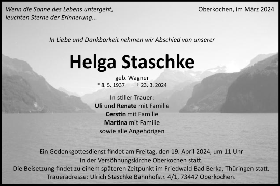 Traueranzeige von Helga Staschke von Schwäbische Post