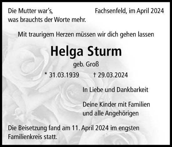 Traueranzeige von Helga Sturm von Schwäbische Post