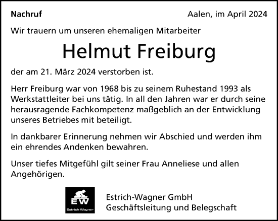 Traueranzeige von Helmut Freiburg von Schwäbische Post