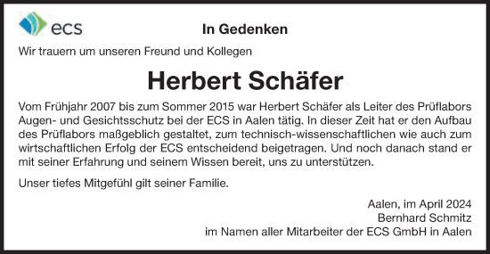 Traueranzeige von Herbert Schäfer von Schwäbische Post