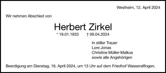 Traueranzeige von Herbert Zirkel von Schwäbische Post