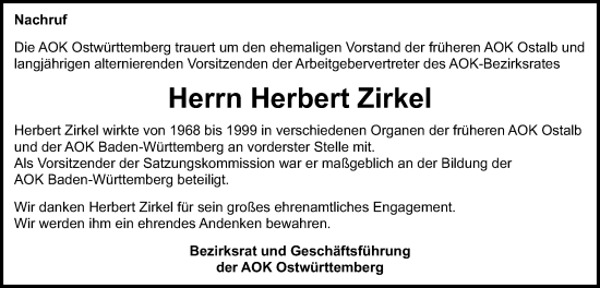 Traueranzeige von Herbert Zirkel von Schwäbische Post