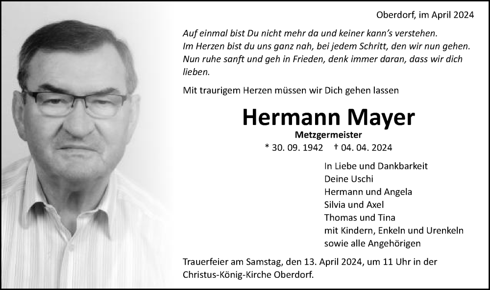  Traueranzeige für Hermann Mayer vom 06.04.2024 aus Schwäbische Post