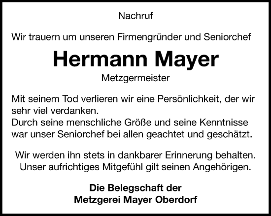 Traueranzeige von Hermann Mayer von Schwäbische Post