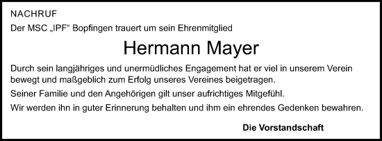 Traueranzeige von Hermann Mayer von Schwäbische Post