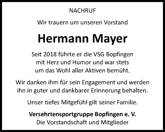 Traueranzeige von Hermann Mayer von Schwäbische Post