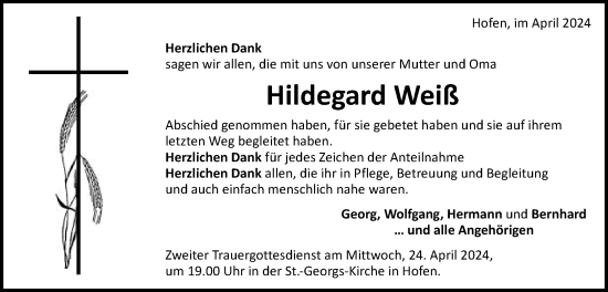 Traueranzeige von Hildegard Weiß von Schwäbische Post